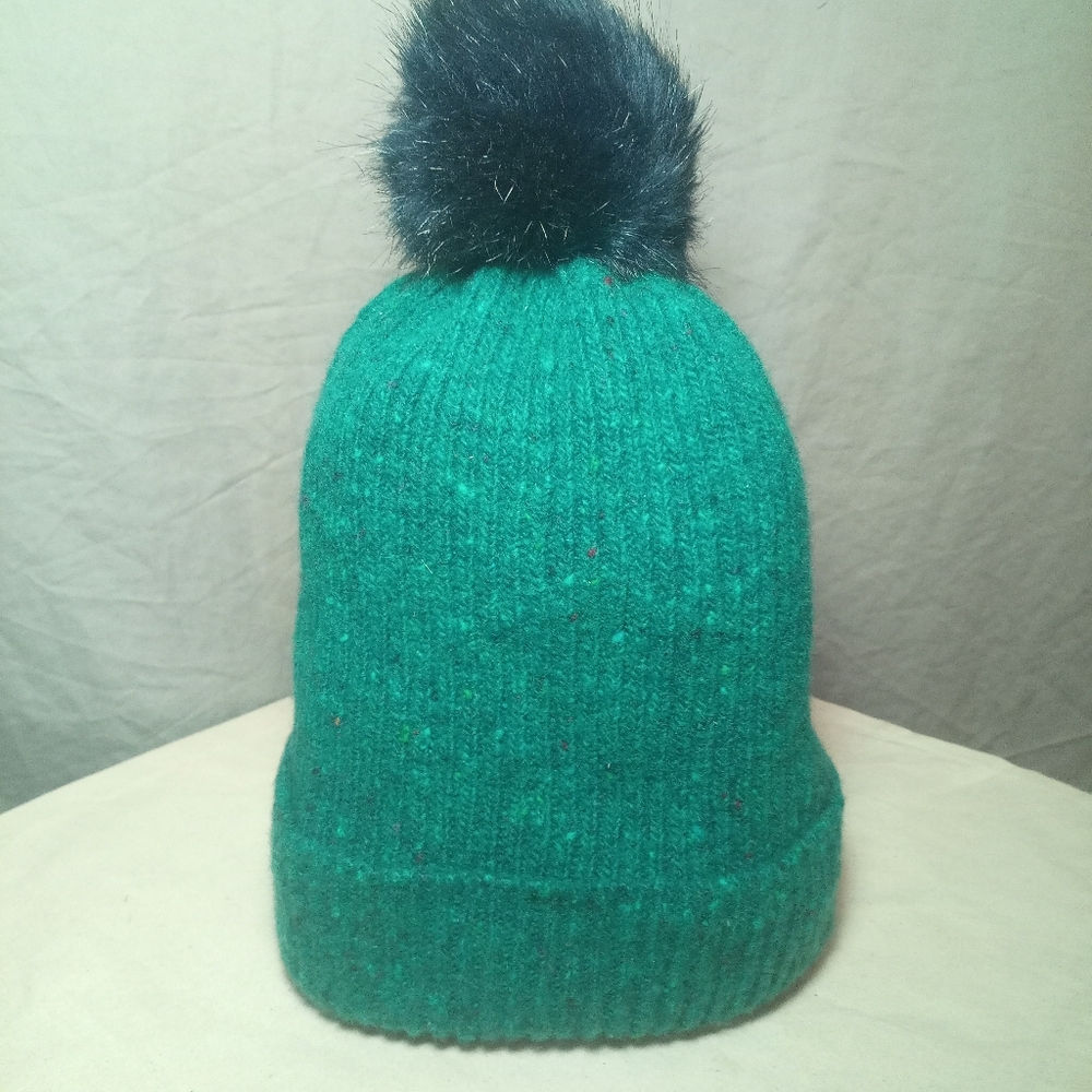 Jigsaw Mackie Wool Beanie Made in Scotland Faux Fur Pom Green